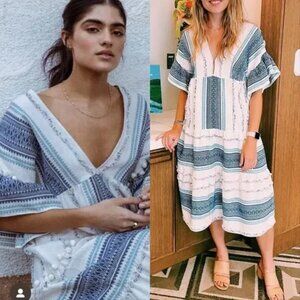 Saylor Free People Elaine Embroidered Caftan Midi Dress Blue White XS